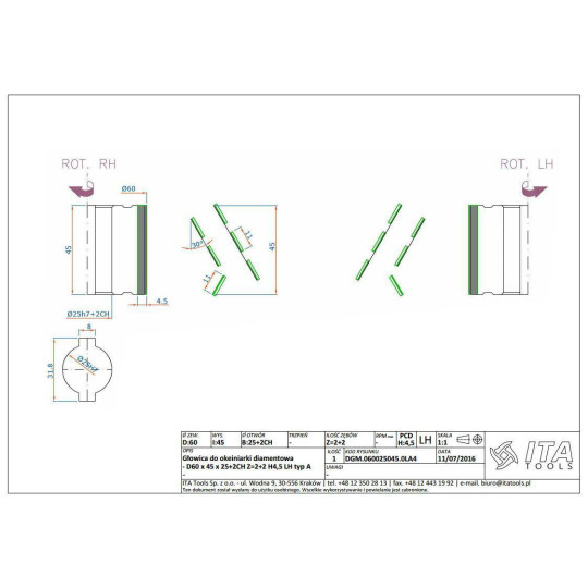 DGM.060025045.0LA4 Głowica DIA D-60 l-45 d-25+2CH Z-2+2 (12) H-4,5 LH bez podfrezowania ITA TOOLS