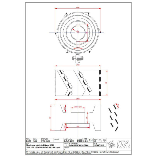 DGM.100030056.0RC4 Głowica DIA D-100 l-56 d-30+2CH Z-3+3 H-4,5 RH podfrezowanie obustronne ITA TOOLS