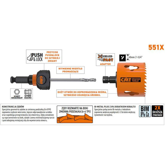 Otwornica Bi-Metal+ 57 mm max rpm Metal/Nierdzewka/Żeliwo/ALU CMT 551-057X Otwornica Bi-Metal+ 57 mm max rpm Metal/Nierdzewka/Żeliwo/ALU CMT 551-057X