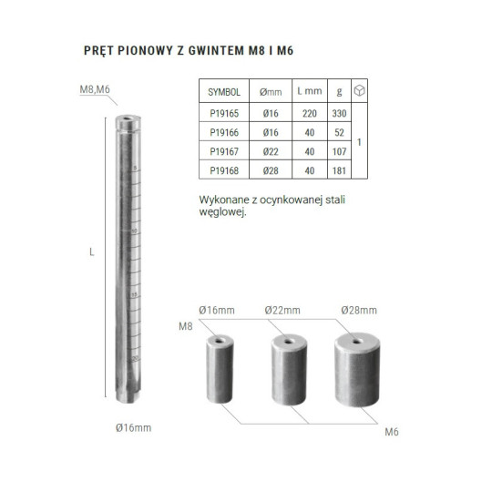 Pręt do stołu spawaliniczego D-28 L-40 gwint M8M6, stal ocynkowana - PIHER P19168 Pręt do stołu spawaliniczego D-28 L-40 gwint M8M6, stal ocynkowana - PIHER P19168