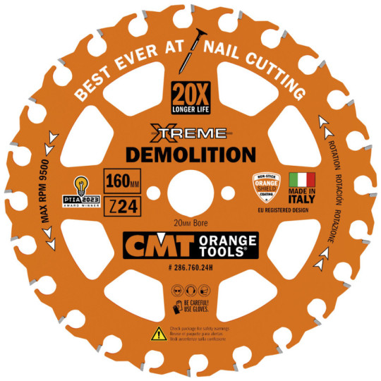 286.760.24H Piła tarcza HM Xtreme Demolition D:160 Z:24 F:20 K/P:2,3,/1,2 mm CMT