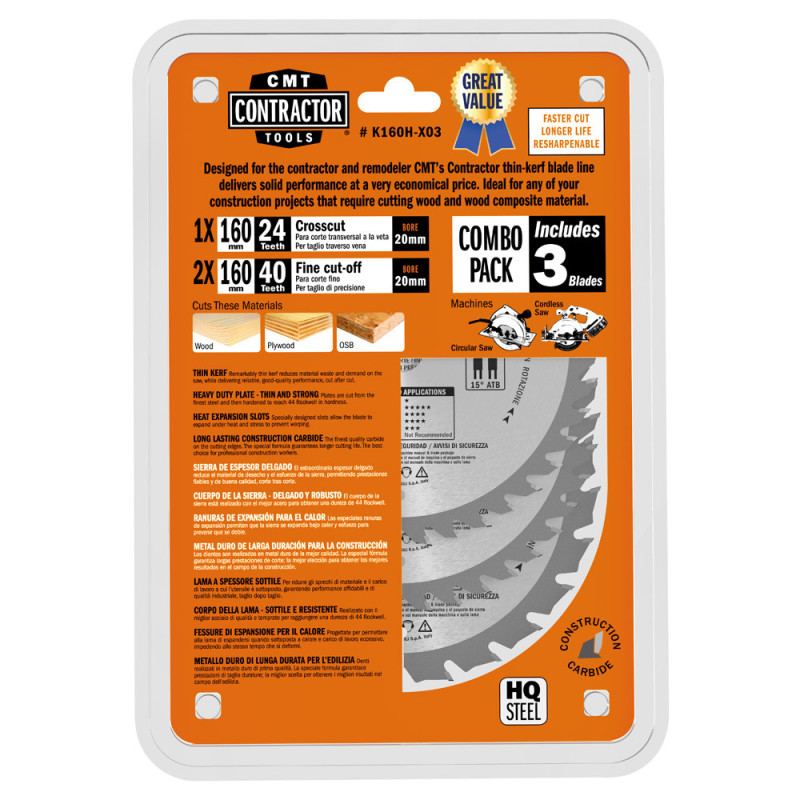 K160H-X03 Zestaw 3 pił tarcz HM D-160 1x K16024H + 2x K16040H CMT