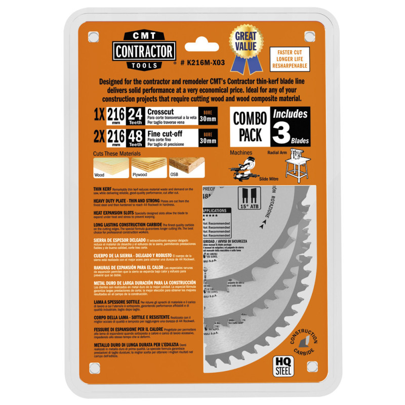 K216M-X03 Zestaw 3 pił tarcz HM D-216 1x K21624M + 2x K21648M CMT