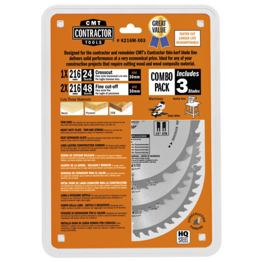 K216M-X03 Zestaw 3 pił tarcz HM D-216 1x K21624M + 2x K21648M CMT