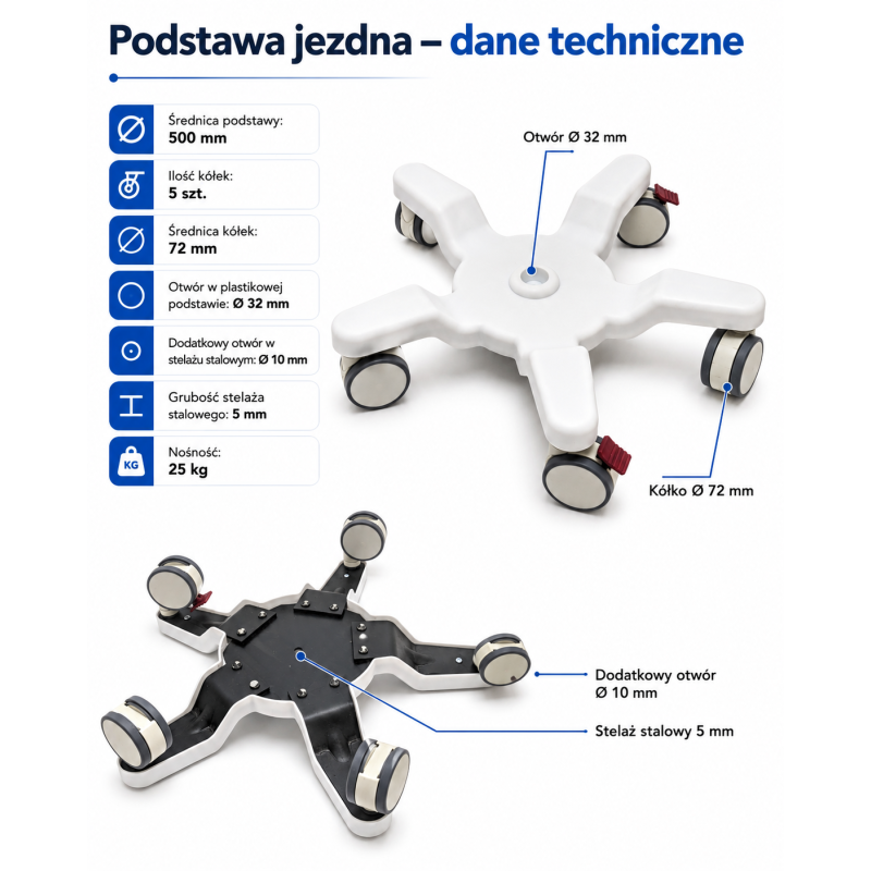 Biała podstawa z 5 k&oacute;łkami 50cm Pneumatico MED-C0005
